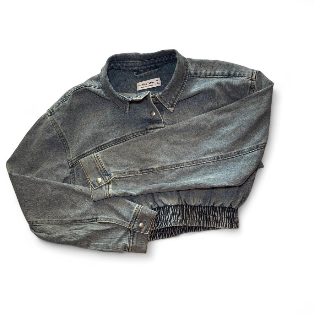 Vanilla Star Vintage Womens XS Blue Cropped Denim Bomber Jacket Collared Snap